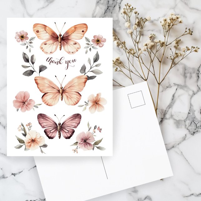 Carte Postale Aquarelle Floraux Papillons Merci (Watercolor Florals Butterflies Thank You Postcard
)