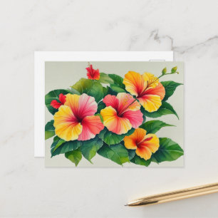 Carte Postale Aquarelle Flore tropicale Hibiscus jaune rouge