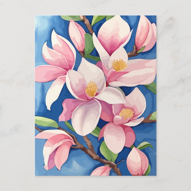 Carte Postale Aquarelle florissante Magnolia rose (Devant)
