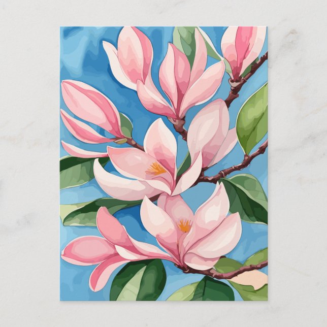 Carte Postale Aquarelle florissante Magnolia rose (Devant)