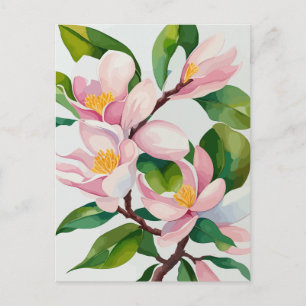 Carte Postale Aquarelle florissante Magnolia rose