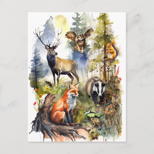 Carte Postale Aquarelle Forêt Animaux Cerfs, Renard, Badger et (Devant)