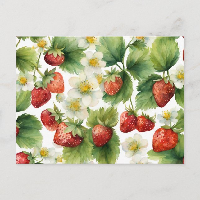 Carte Postale Aquarelle fraise fruit et fleurs de fraise (Devant)