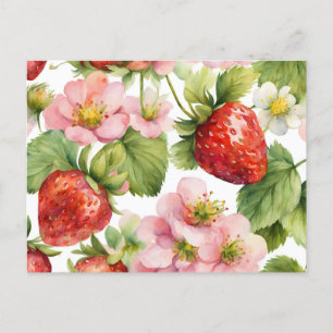 Carte Postale Aquarelle Fruit fraise et Fleurs roses