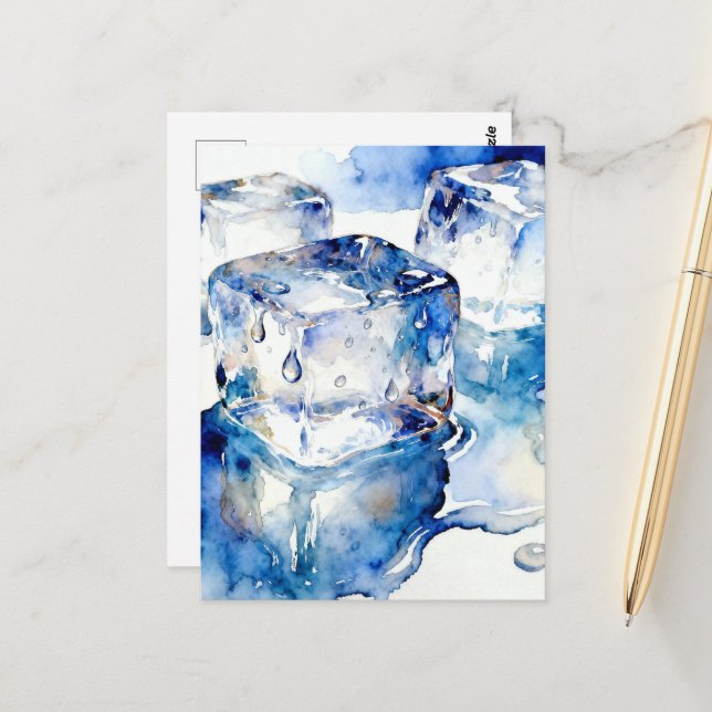 Carte Postale Aquarelle glaçons en train de fondre  (Devant/Arrière en situation)