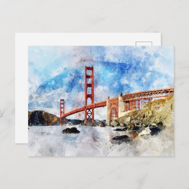 Carte Postale Aquarelle Golden Gate Bridge à San Francisco (Devant / Derrière)