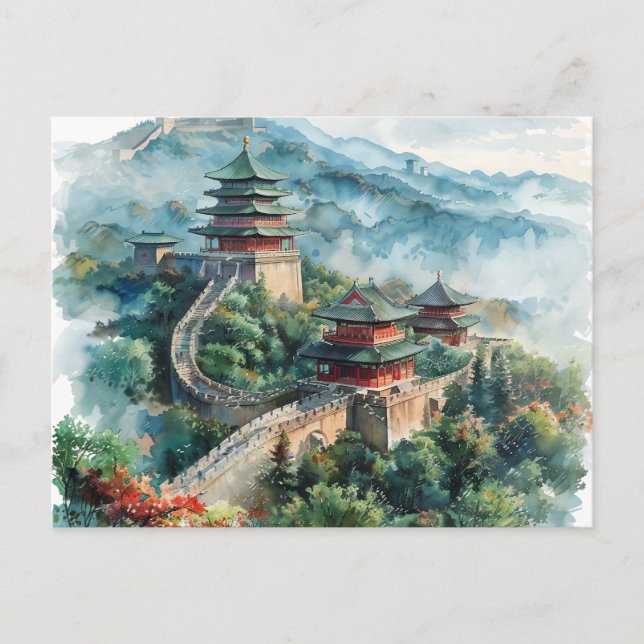 Carte Postale Aquarelle Grande Muraille Chine Asie Voyage (Devant)