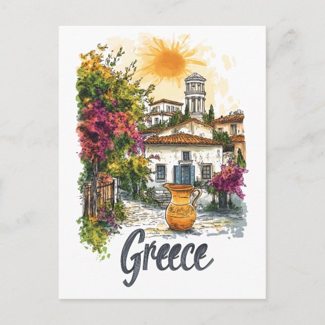 Carte Postale Aquarelle Grèce : Scène de village avec fleurs (Devant)