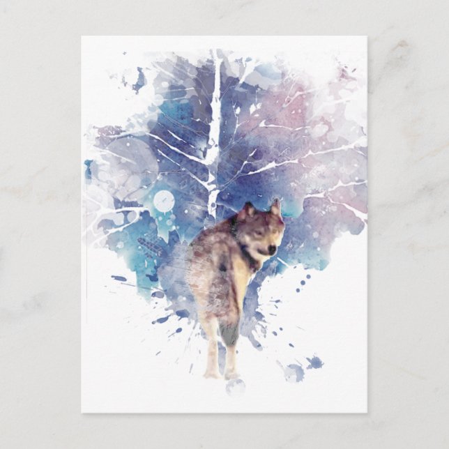Carte Postale Aquarelle Gris Loup Faune Animal Nature Art (Devant)