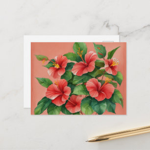 Carte Postale Aquarelle Hawaï Tropical Hibiscus Rouge