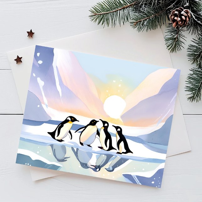Carte Postale Aquarelle hiver Pingouins | Neige et glace (Créateur téléchargé)
