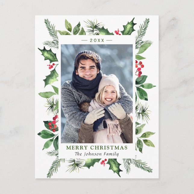 Carte Postale Aquarelle Holly Berry Noël (Devant)