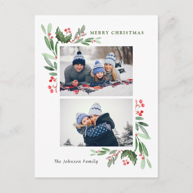 Carte Postale Aquarelle Holly Berry Noël 2 PHOTO Salutation (Devant)