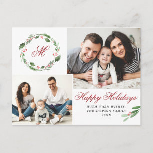 Carte Postale Aquarelle Holly Berry Noël 3 PHOTO Salutation