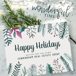 Carte Postale Aquarelle Holly Foliage Salutations
