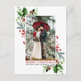 Carte Postale Aquarelle Holly Noël Vert Mariage Rouge