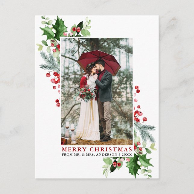 Carte Postale Aquarelle Holly Noël Vert Mariage Rouge (Devant)