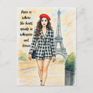 Carte postale aquarelle homme femme Paris Amour ro