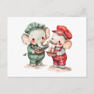 Carte Postale Aquarelle illustrant deux éléphants avec bateau