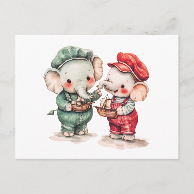 Carte Postale Aquarelle illustrant deux éléphants avec bateau (Devant)
