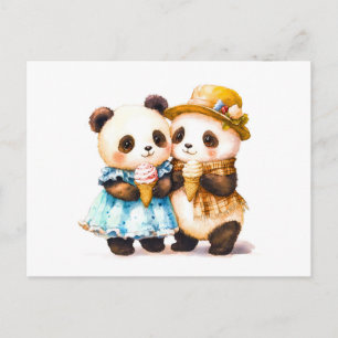 Carte Postale Aquarelle illustrant deux pandas mangeant de la gl
