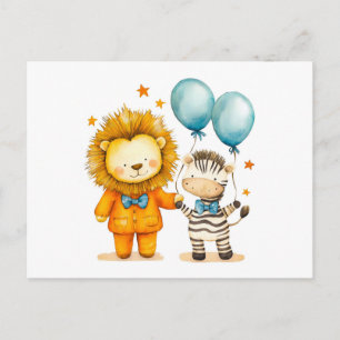 Carte Postale Aquarelle Illustration de Lion et Zèbre avec Bal