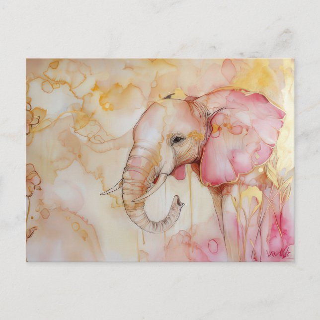 Carte Postale Aquarelle illustration d'un éléphant avec de l'or (Devant)