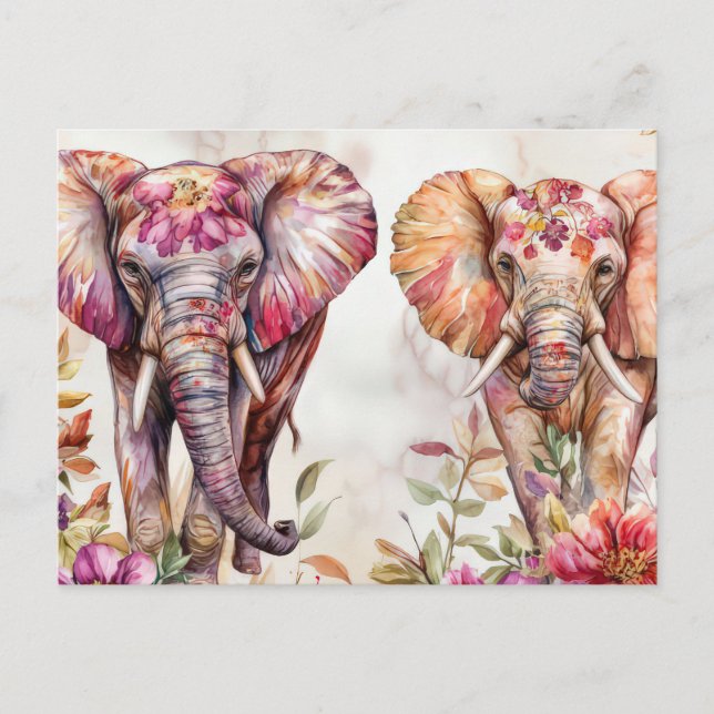 Carte Postale Aquarelle Illustration d'un éléphant avec des fleu (Devant)