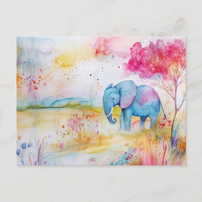 Carte Postale Aquarelle Illustration d'un éléphant avec des fleu (Devant)