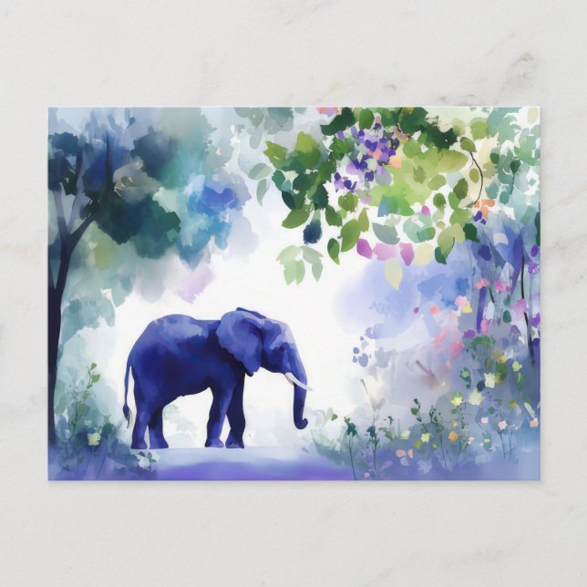 Carte Postale Aquarelle Illustration d'un éléphant avec des fleu (Devant)