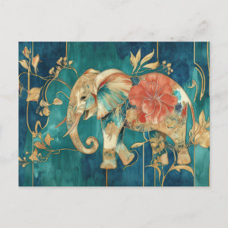 Carte Postale Aquarelle Illustration d'un éléphant avec des fleu