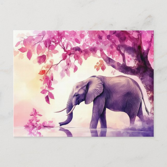 Carte Postale Aquarelle Illustration d'un éléphant avec des fleu (Devant)