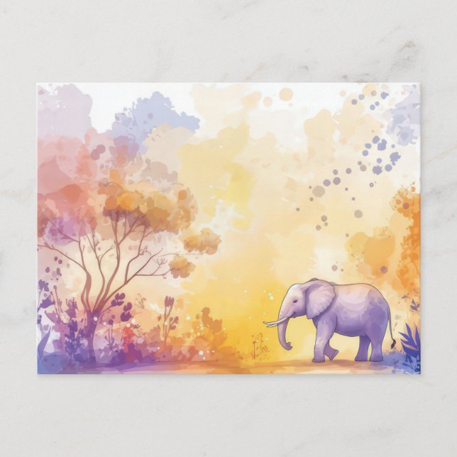 Carte Postale Aquarelle Illustration d'un éléphant avec des fleu (Devant)