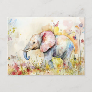 Carte Postale Aquarelle Illustration d'un éléphant avec des fleu
