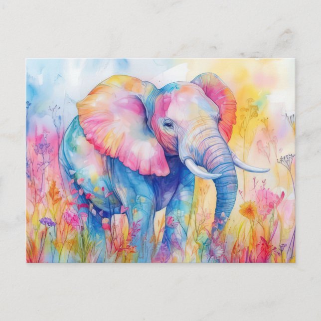 Carte Postale Aquarelle Illustration d'un éléphant avec des fleu (Devant)