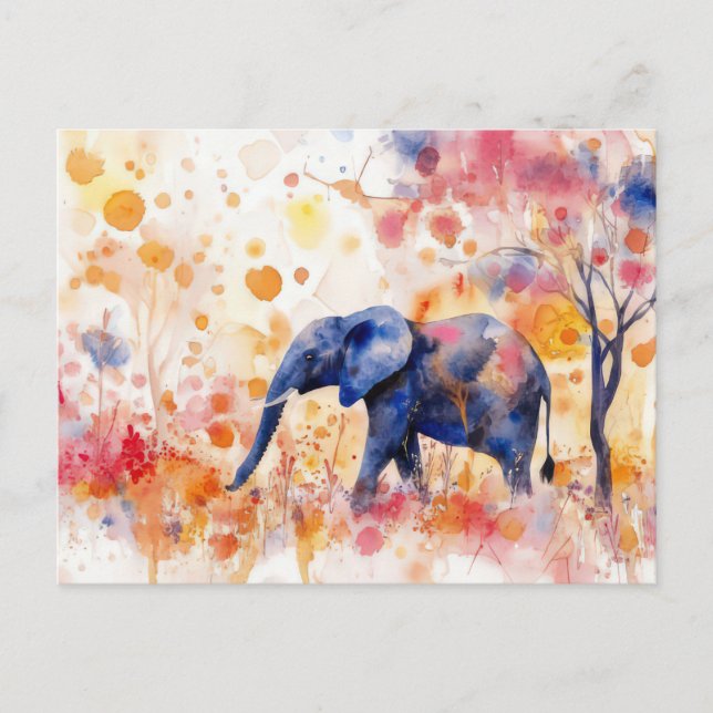 Carte Postale Aquarelle Illustration d'un éléphant avec des fleu (Devant)