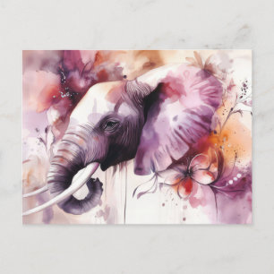 Carte Postale Aquarelle Illustration d'un éléphant avec des fleu