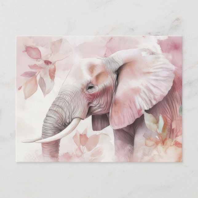 Carte Postale Aquarelle Illustration d'un éléphant avec des fleu (Devant)