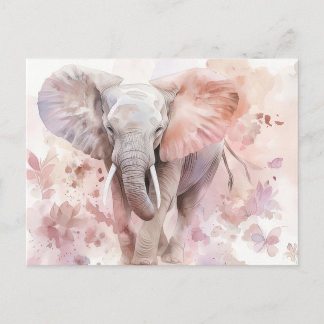 Carte Postale Aquarelle Illustration d'un éléphant avec des fleu (Devant)
