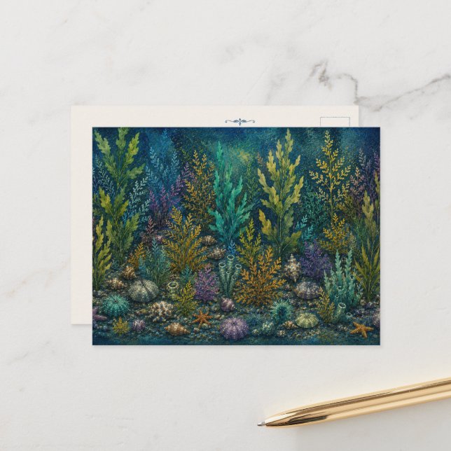 Carte postale aquarelle inspirée de l'océan et du  (Devant/Arrière en situation)