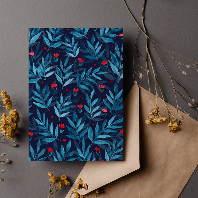 Carte Postale Aquarelle jardin nocturne - turquoise, bleu et rou (Créateur téléchargé)