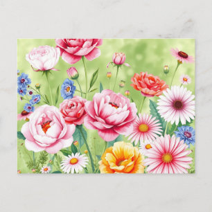 Carte Postale Aquarelle Jardin Vibrant avec Roses Pivoines