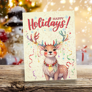 Carte Postale Aquarelle Jaune Jolie lumières de Noël Reindeer