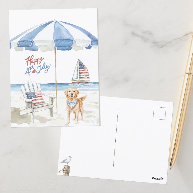 Carte Postale Aquarelle Joyeux 4 juillet Plage Chien patriotique (Créateur téléchargé)