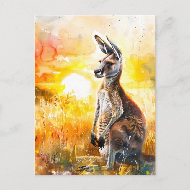 Carte Postale Aquarelle Kangaroo au coucher du soleil (Devant)