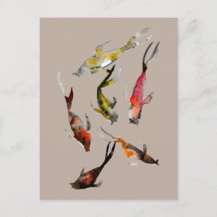 Carte Postale Aquarelle koi poisson rouge brun or