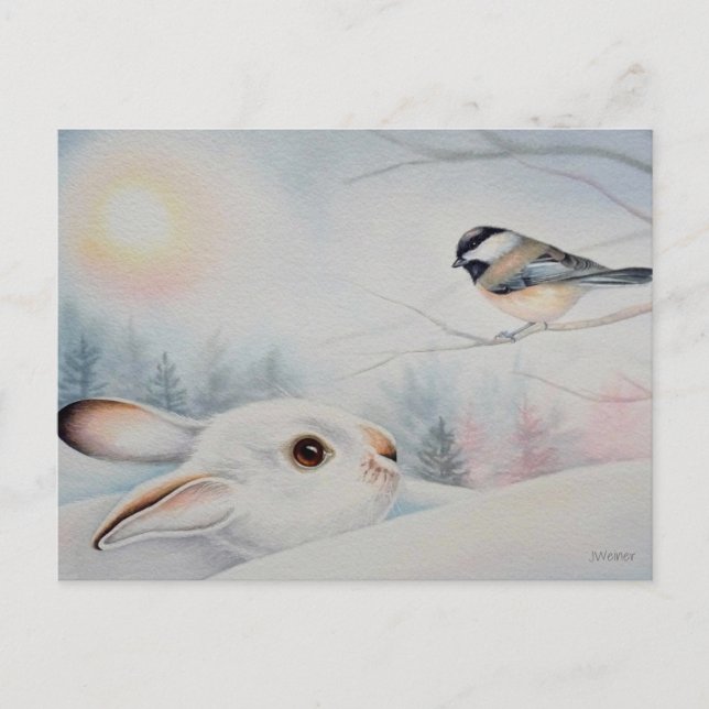 Carte Postale Aquarelle Lapin à Pattes Blanches & Mésange à Tête (Devant)