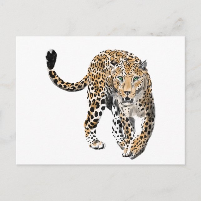 Carte Postale aquarelle léopard jungle chat animal peint vert (Devant)