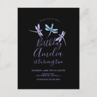 Aquarelle libellule violet noir fête d'anniversair