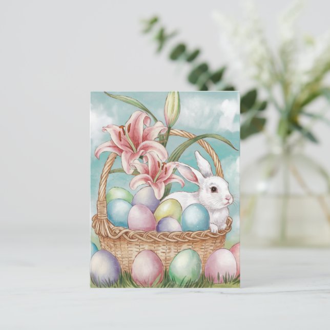 Carte Postale Aquarelle Lily & Oeufs Pastel avec lapin dans le p (Debout devant)